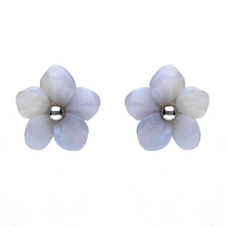 Sterling Silver Blue Chalcedony Tuberose 10mm Pansy Stud Earrings - Silver