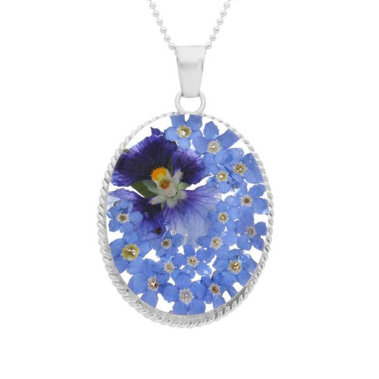 Sterling Silver Blue Floral Oval Rope Edge Necklace - Option1 Value Silver