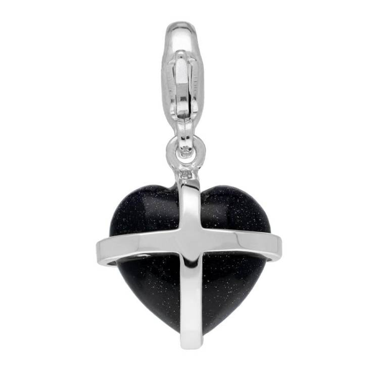 Sterling Silver Blue Goldstone Small Cross Heart Charm - Silver