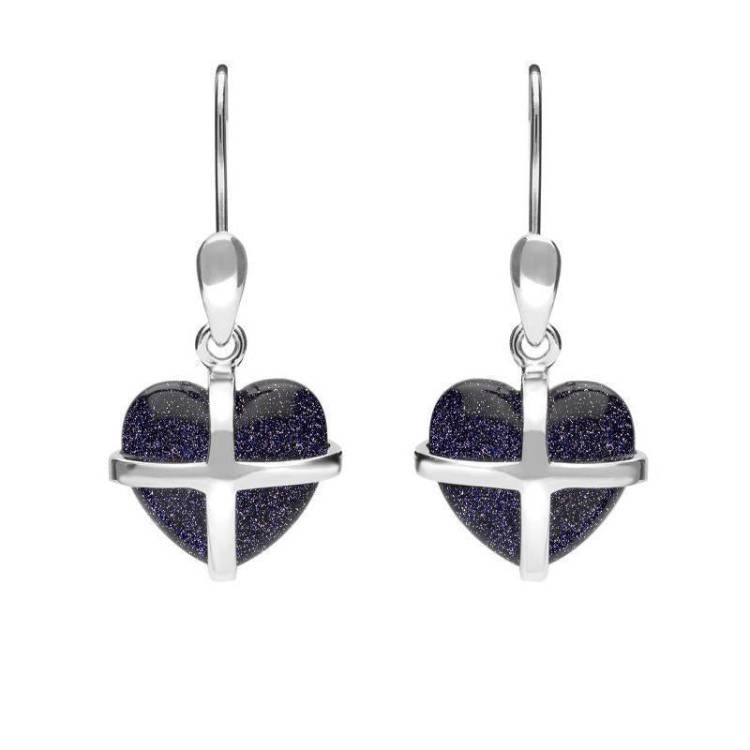 Sterling Silver Blue Goldstone Small Cross Heart Drop Earrings - Silver