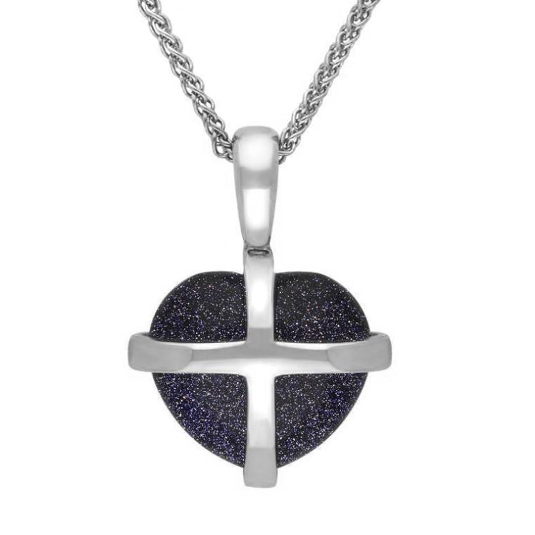 Sterling Silver Blue Goldstone Small Cross Heart Necklace - Silver