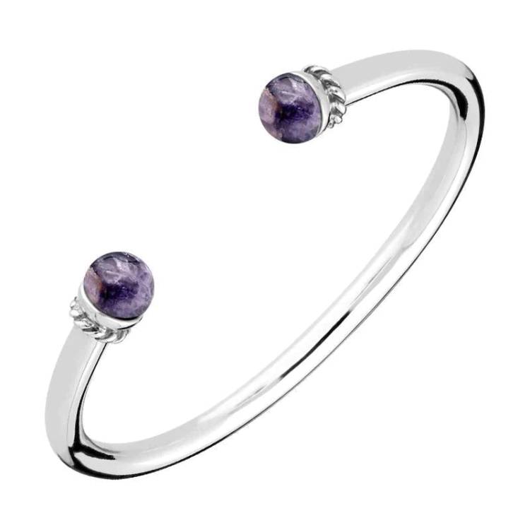 Sterling Silver Blue John Bead Torc Twist Bangle - Silver