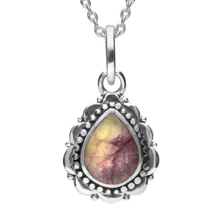Sterling Silver Blue John Beaded Edge Pear Shape Necklace - Silver