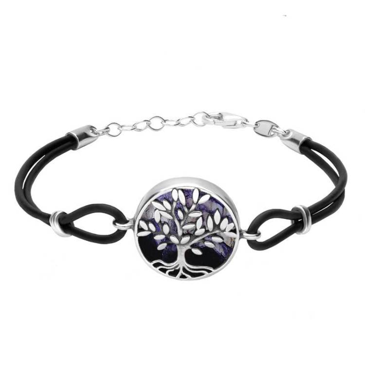 Sterling Silver Blue John Cord Round Large Leaves Tree of Life Bracelet
