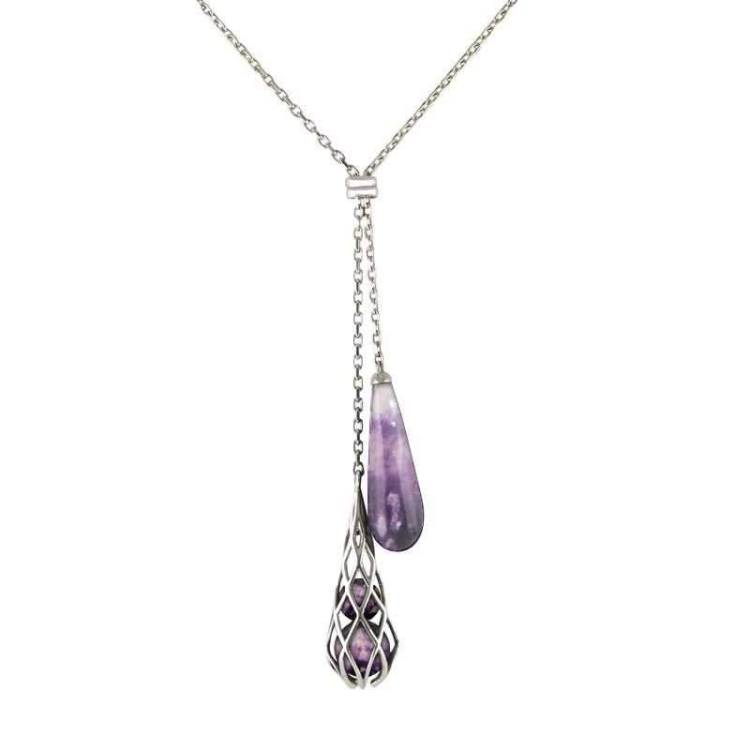 Sterling Silver Blue John Double Drop Necklace - Silver