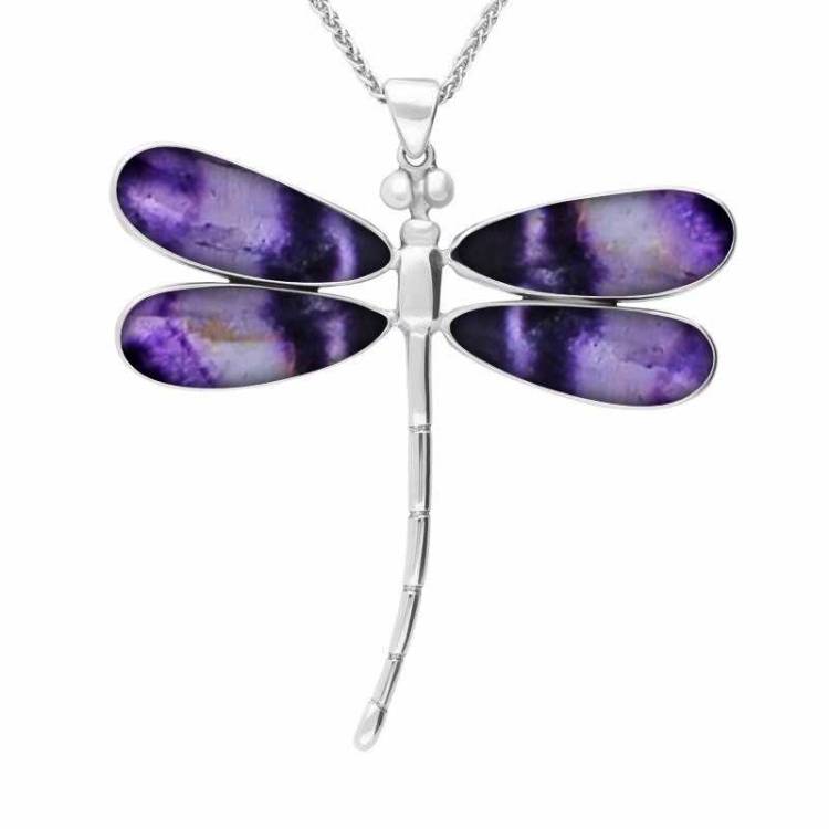 Sterling Silver Blue John Four Stone Large Dragonfly Necklace - Silver