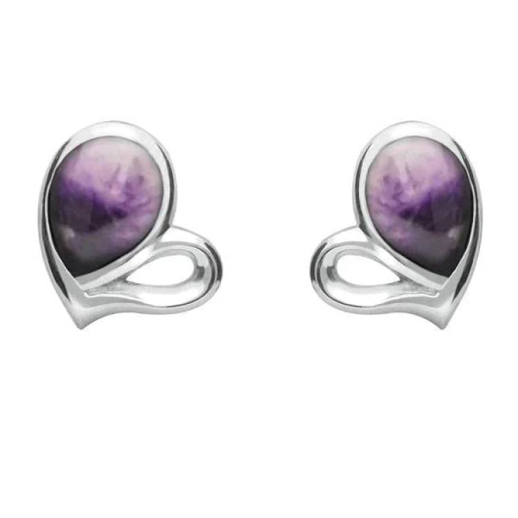 Sterling Silver Blue John Half Filled Heart Stud Earrings - Silver