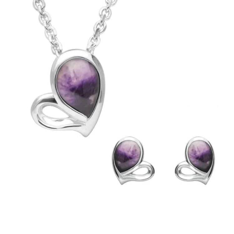 Sterling Silver Blue John Half Filled Heart Two Piece Set - Silver