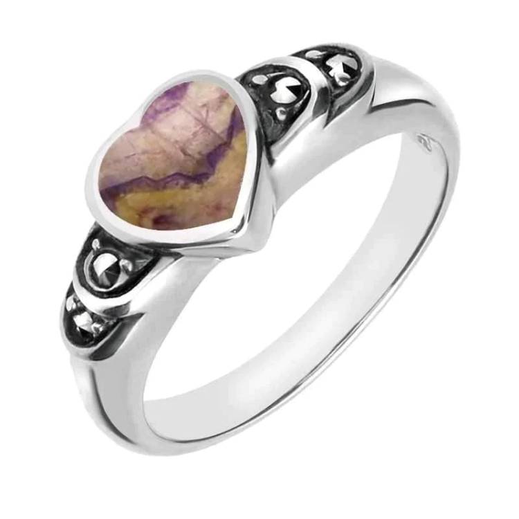 Sterling Silver Blue John Heart Marcasite Shoulder Ring - Silver