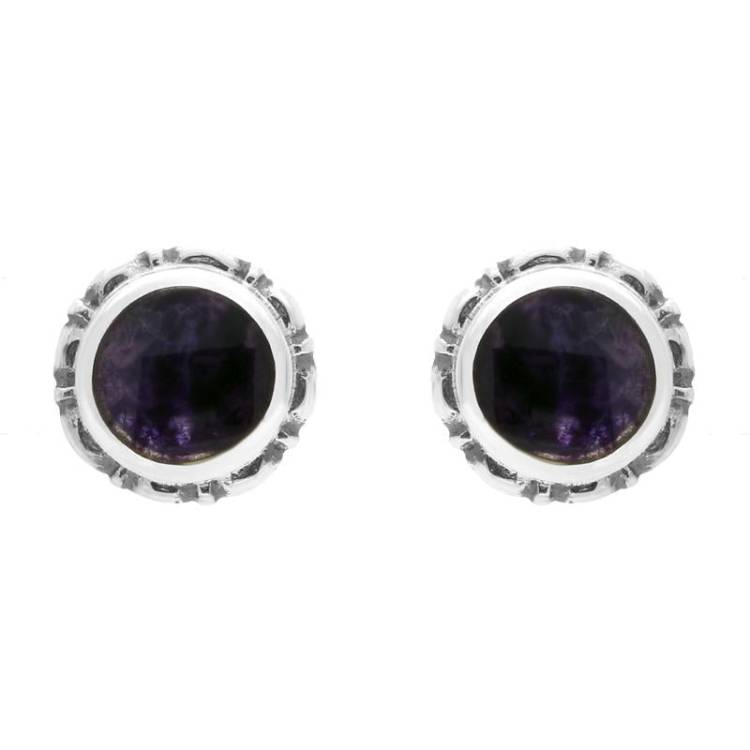 Sterling Silver Blue John Round Bead Edge Stud Earrings - Silver