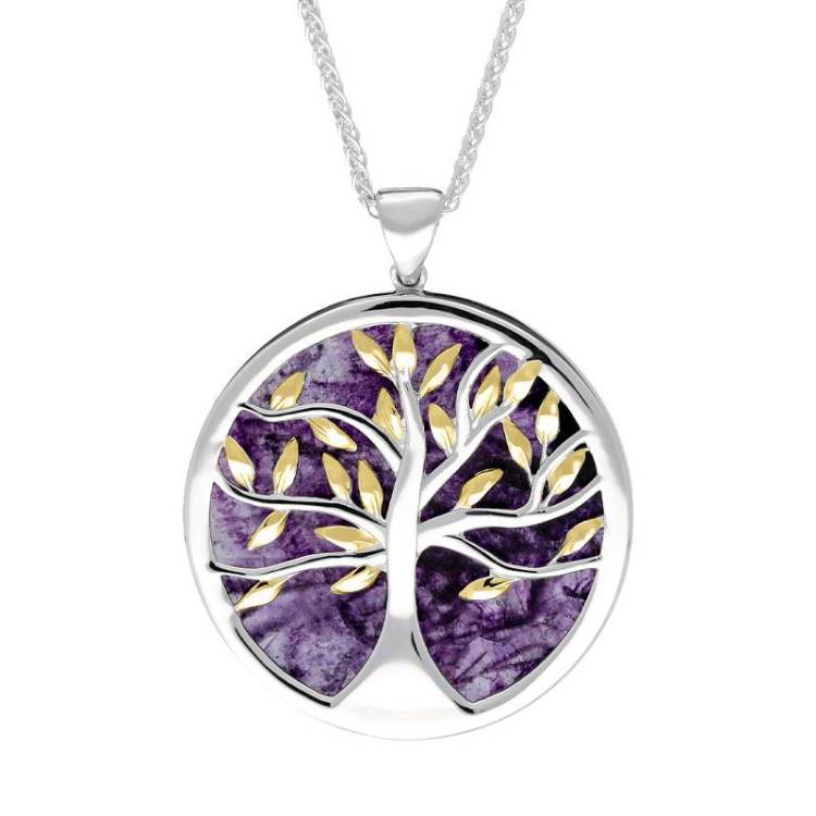 Sterling Silver Yellow Gold Plated Blue John Large Round Tree of Life Necklace