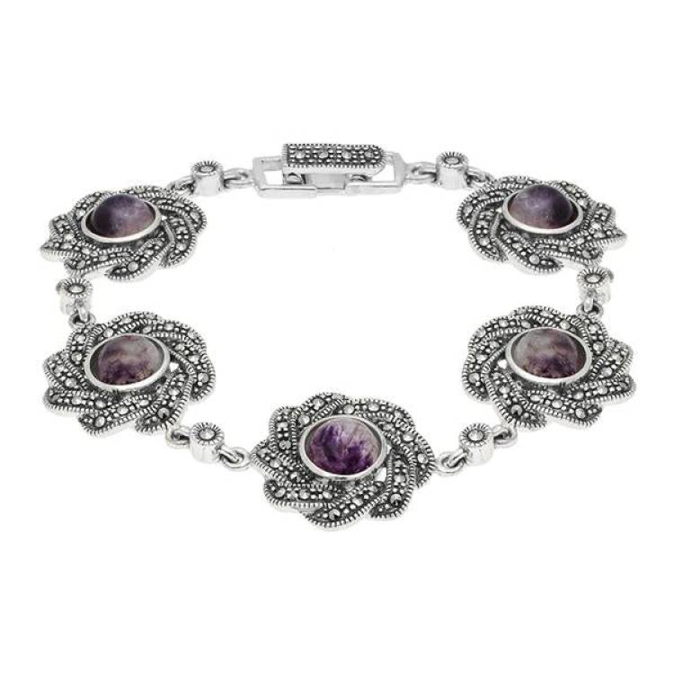 Sterling Silver Blue John Marcasite Flower link Bracelet - Silver