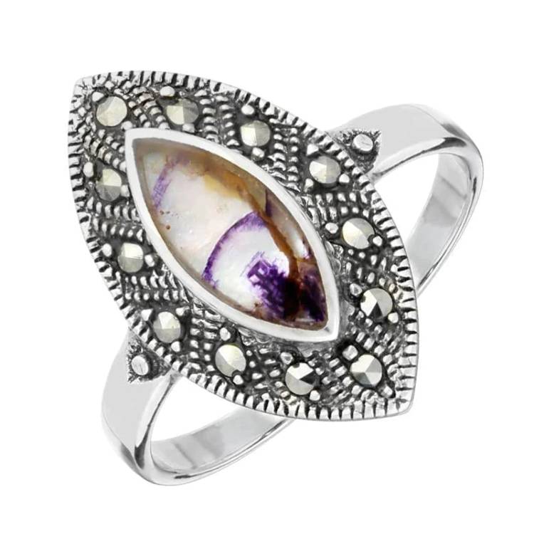 Sterling Silver Blue John Marcasite Marquise Beaded Edge Ring - Option1 Value Silver