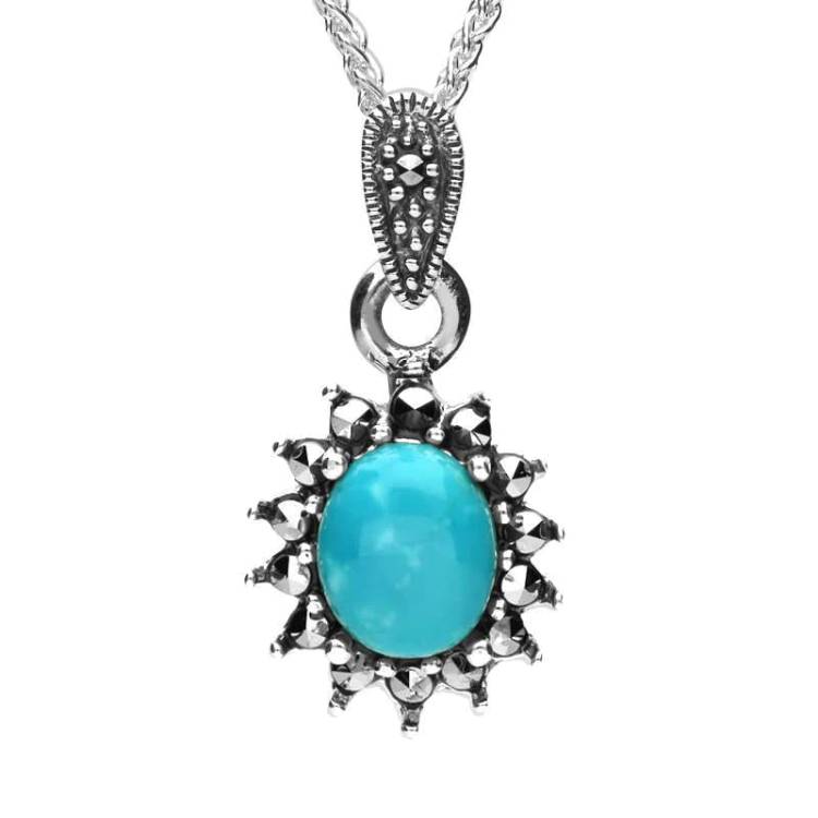 Sterling Silver Turquoise Marcasite Oval Bead Edge Necklace - Silver