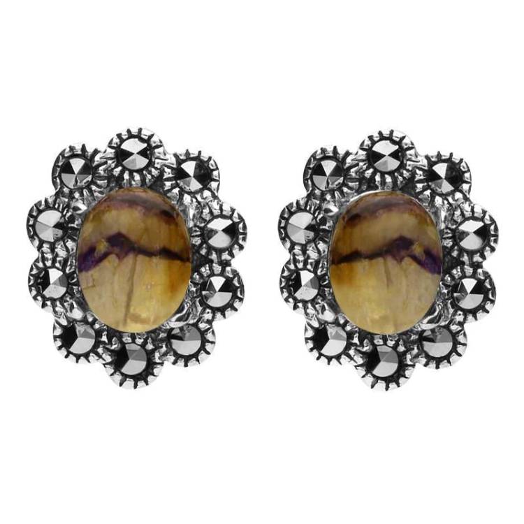 Sterling Silver Blue John Marcasite Large Oval Beaded Edge Stud Earrings - Silver