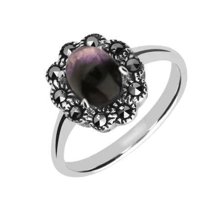 Sterling Silver Blue John Marcasite Oval Flower Ring - Silver