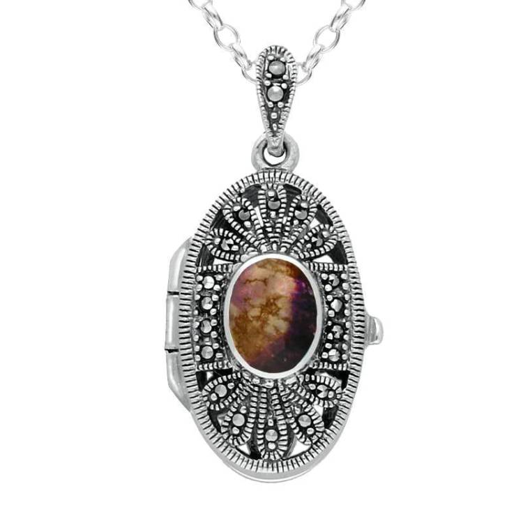 Sterling Silver Blue John Marcasite Oval Floral Locket Necklace - Silver