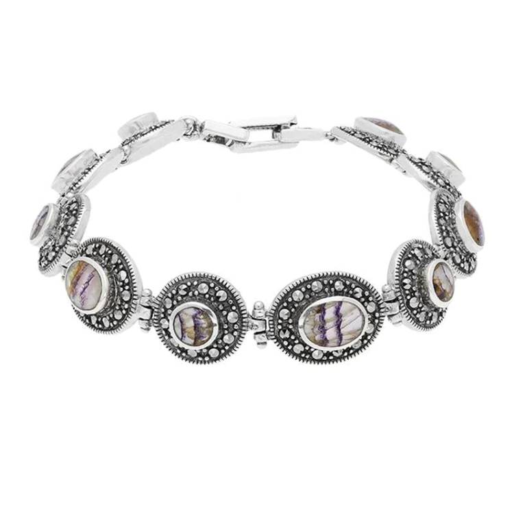 Sterling Silver Blue John Marcasite Oval Link Bracelet - Silver