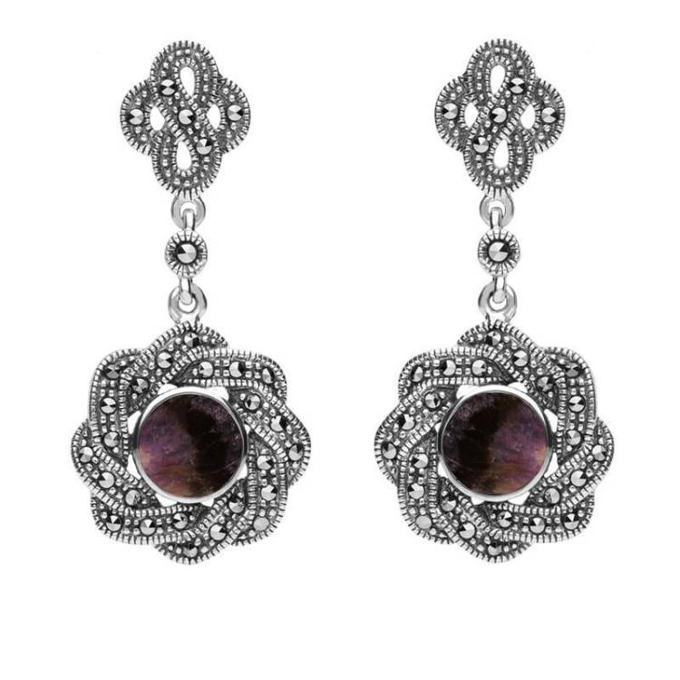 Sterling Silver Blue John Marcasite Overlap Ribbon Drop Earrings - Silver