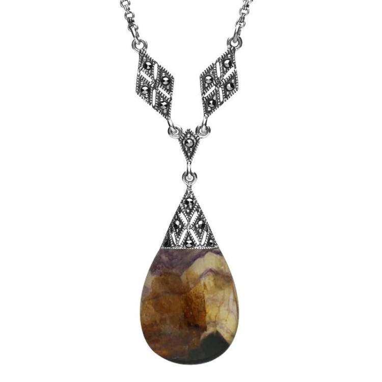 Sterling Silver Blue John Marcasite Pear Drop Necklace - Silver