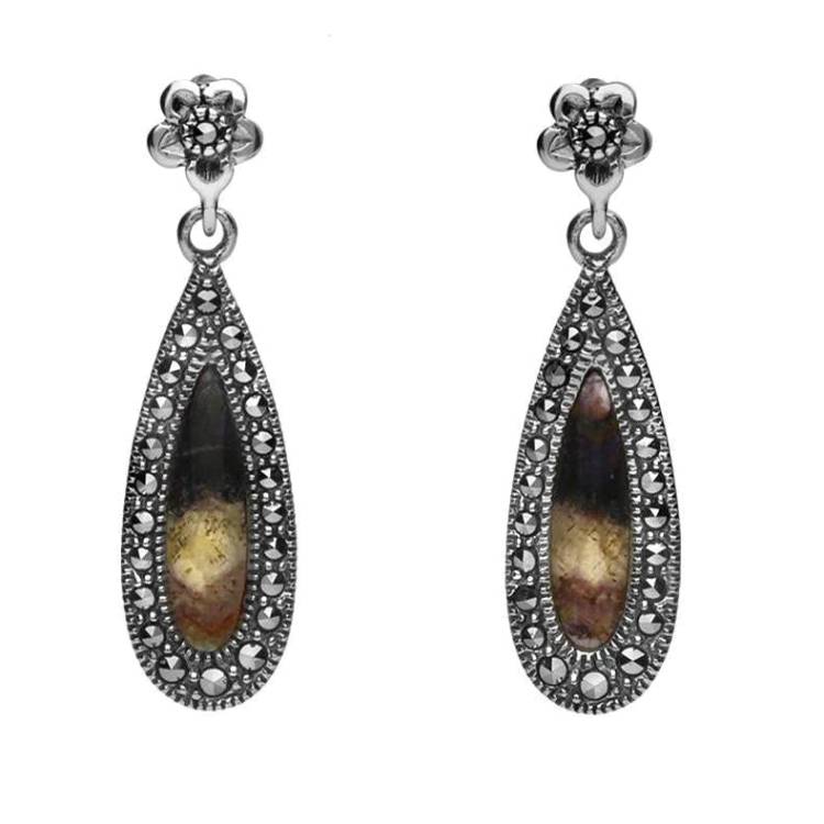 Sterling Silver Blue John Marcasite Pear Drop Stud Earrings - Silver