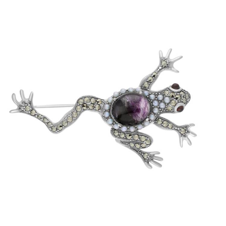 Sterling Silver Blue John Marcasite Pearl Frog Brooch - Silver