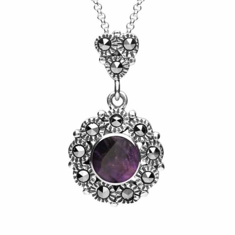 Sterling Silver Blue John Marcasite Round Beaded Drop Necklace - Silver