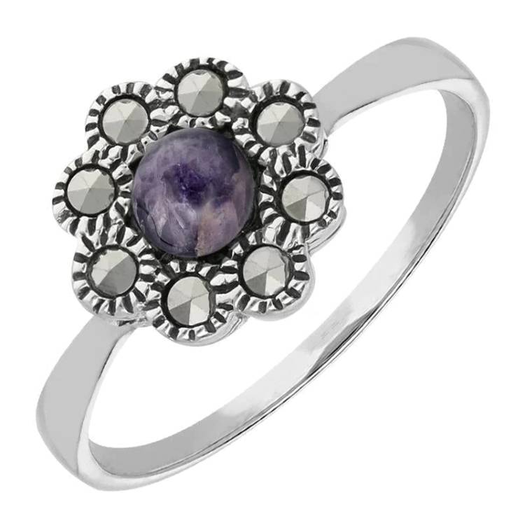 Sterling Silver Blue John Marcasite Round Beaded Edge Ring - Option1 Value