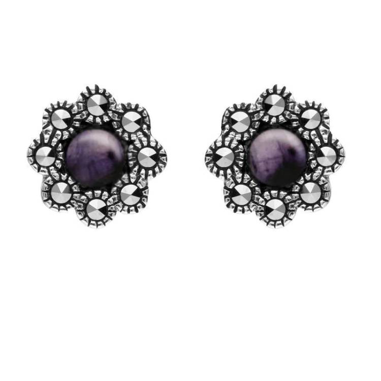Sterling Silver Blue John Marcasite Round Edge Bead Stud Earrings - Option1 Value Silver
