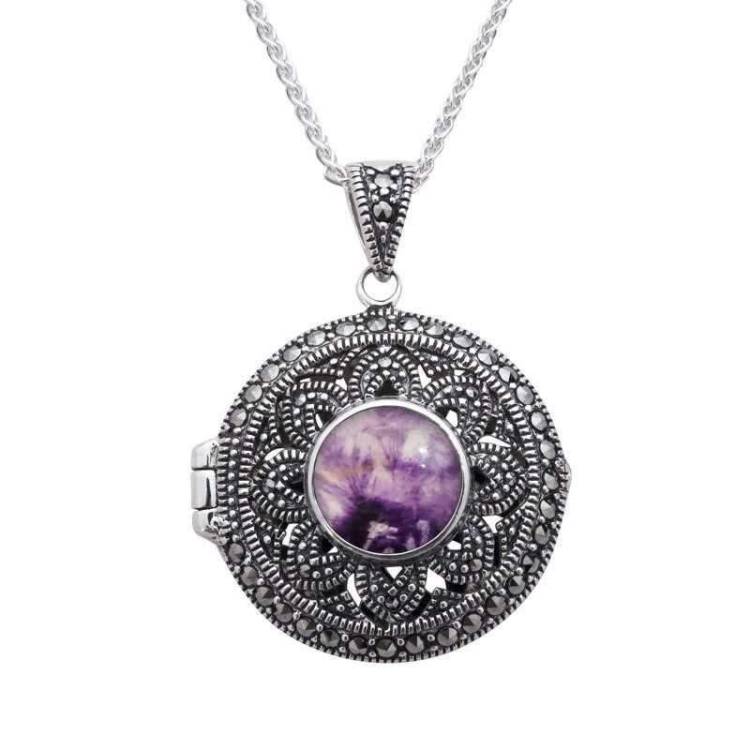 Sterling Silver Blue John Marcasite Round Floral Locket Necklace - Silver