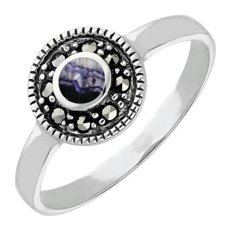 Sterling Silver Blue John Marcasite Round Ring - Silver
