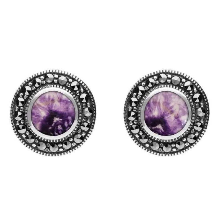 Sterling Silver Blue John Marcasite Round Beaded Edge Stud Earrings - Silver