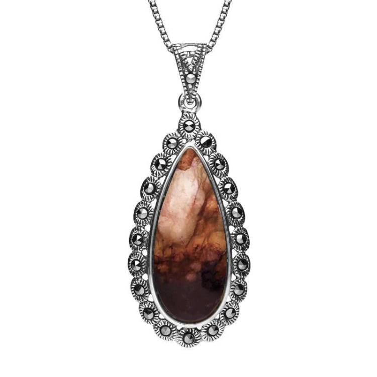 Sterling Silver Blue John Marcasite Scalloped Edge Pear Necklace - Silver