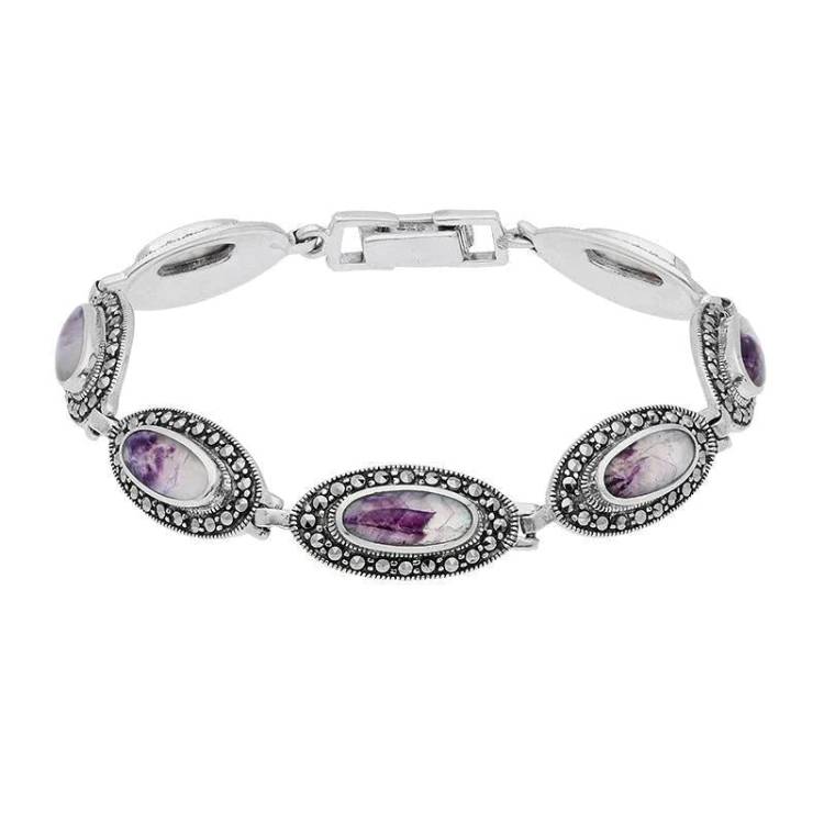 Sterling Silver Blue John Marcasite Slim Oval Link Bracelet - Silver