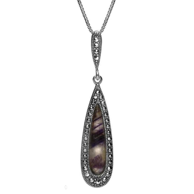 Sterling Silver Blue John Marcasite Slim Pear Drop Necklace - Silver