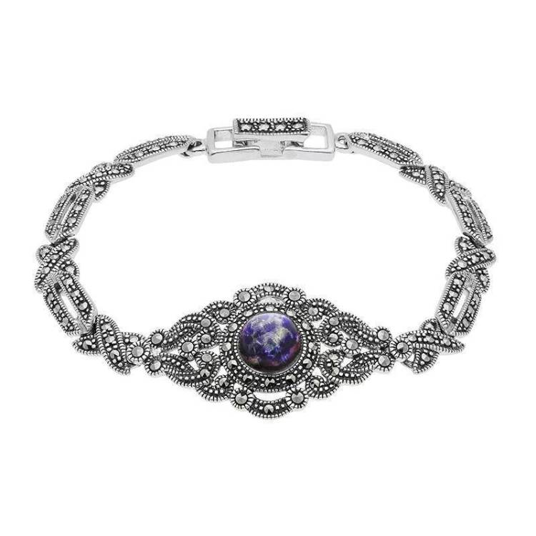 Sterling Silver Blue John and Marcasite Tapered Bracelet - Silver