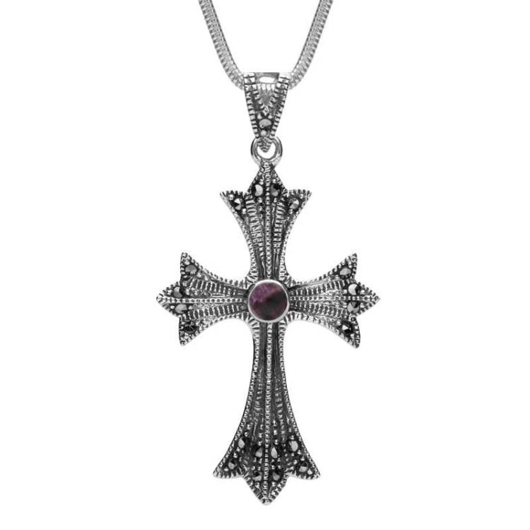 Sterling Silver Blue John Marcasite Three Point Cross Necklace - Silver