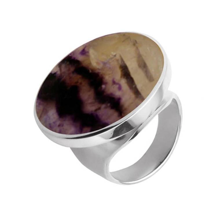 Sterling Silver Blue John Medium Round Stone Ring - Silver