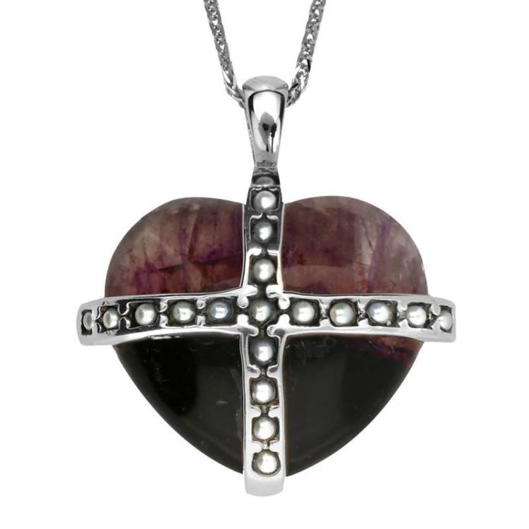 Sterling Silver Blue John Nineteen Pearl Large Cross Heart Necklace - Gold