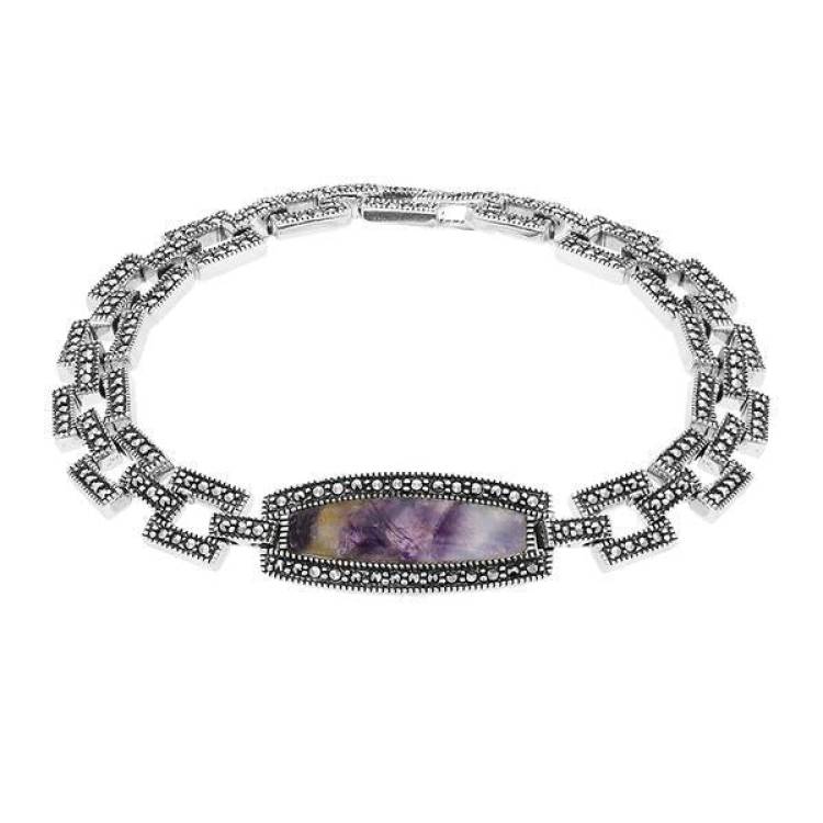 Sterling Silver Blue John Oblong Marcasite Bracelet - Silver
