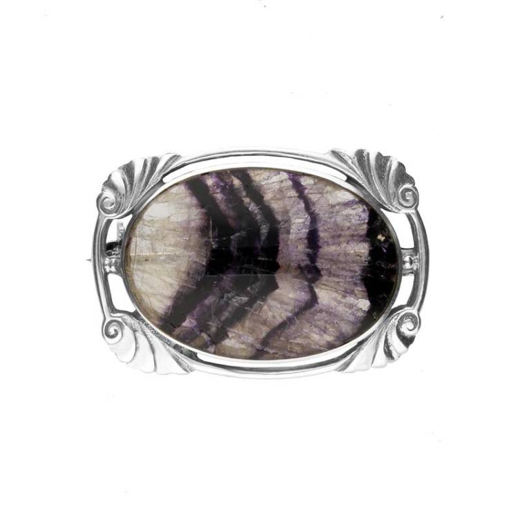 Sterling Silver Blue John Oblong Oval Shaped Brooch - Silver