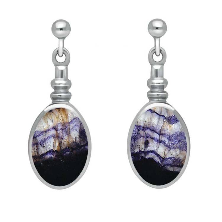 Sterling Silver Blue John Oval Bottletop Drop Earrings - Silver