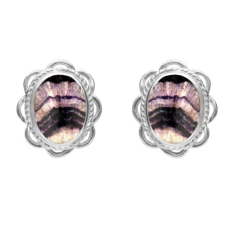 Sterling Silver Blue John Oval Frill Stud Earrings - Silver