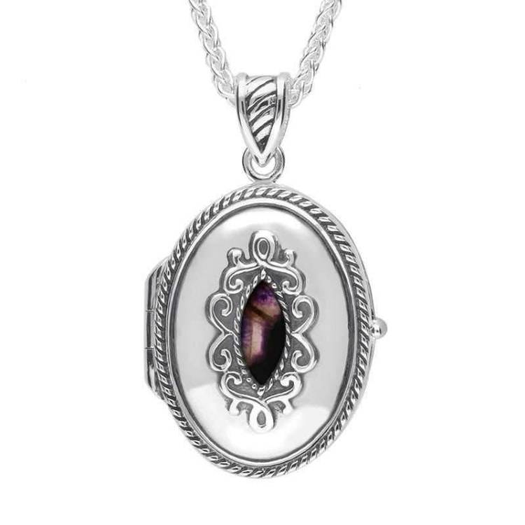 Sterling Silver Blue John Oval Marquise Stone Locket - Silver