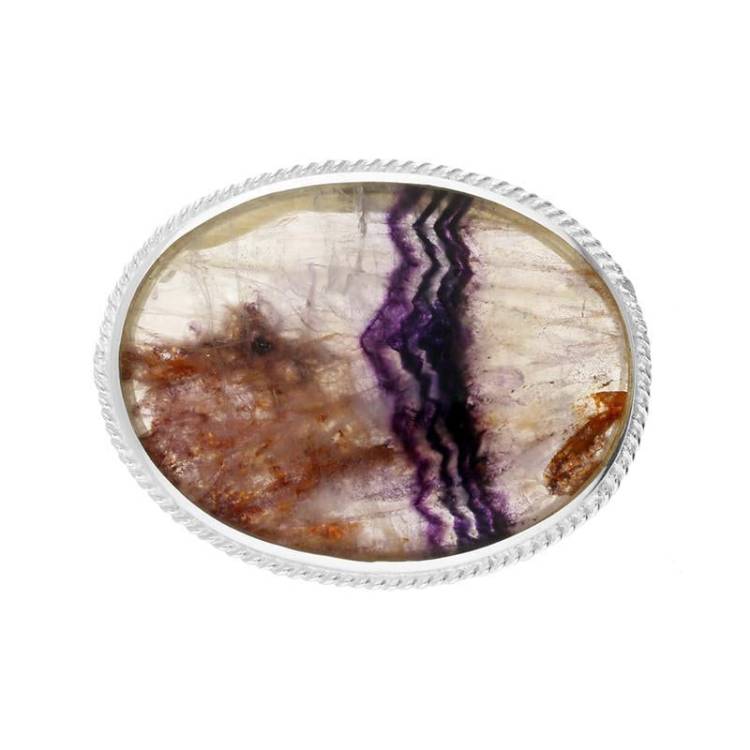 Sterling Silver Blue John Oval Rope Edge Brooch - Silver