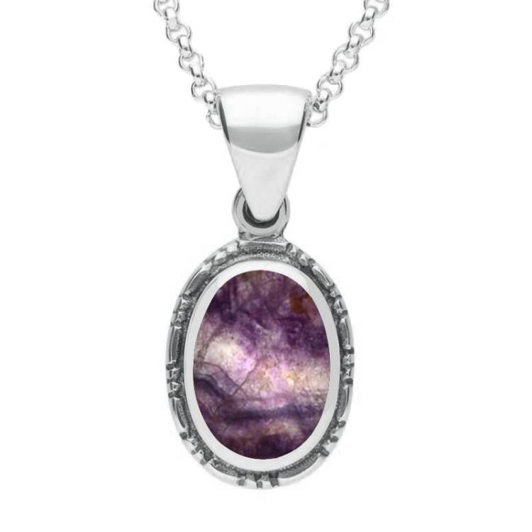Sterling Silver Blue John Oval Rope Edge Drop Necklace - Option1 Value Silver