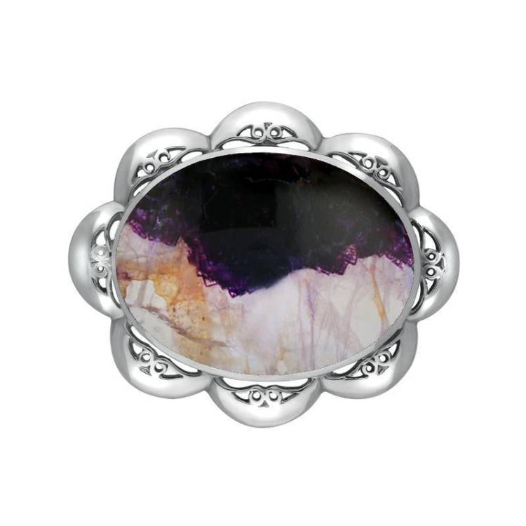 Sterling Silver Blue John Oval Scalloped Edge Brooch - Silver