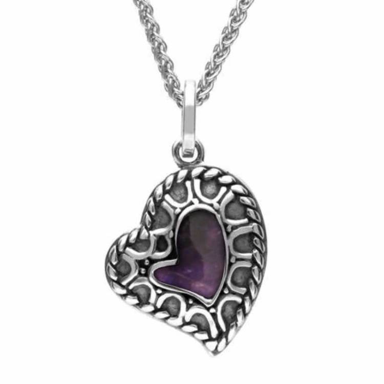 Sterling Silver Blue John Oxidised Patterned Heart Necklace - Silver