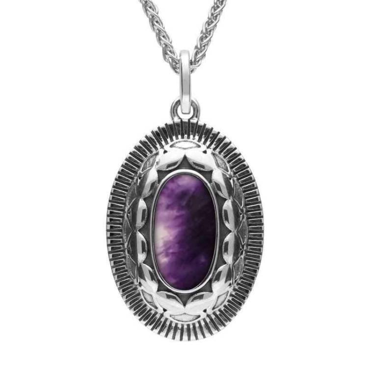 Sterling Silver Blue John Patterned Oxidised Shield Necklace - Silver