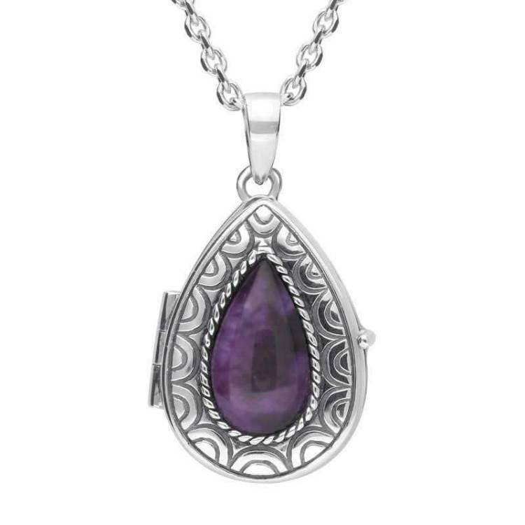 Sterling Silver Blue John Pear Patterned Locket Necklace - Silver